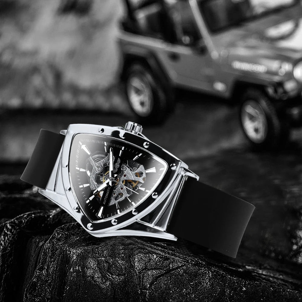 Montre Sport Automatique Squelette Triangle Homme WINNER – Bracelet Caoutchouc, Style Militaire