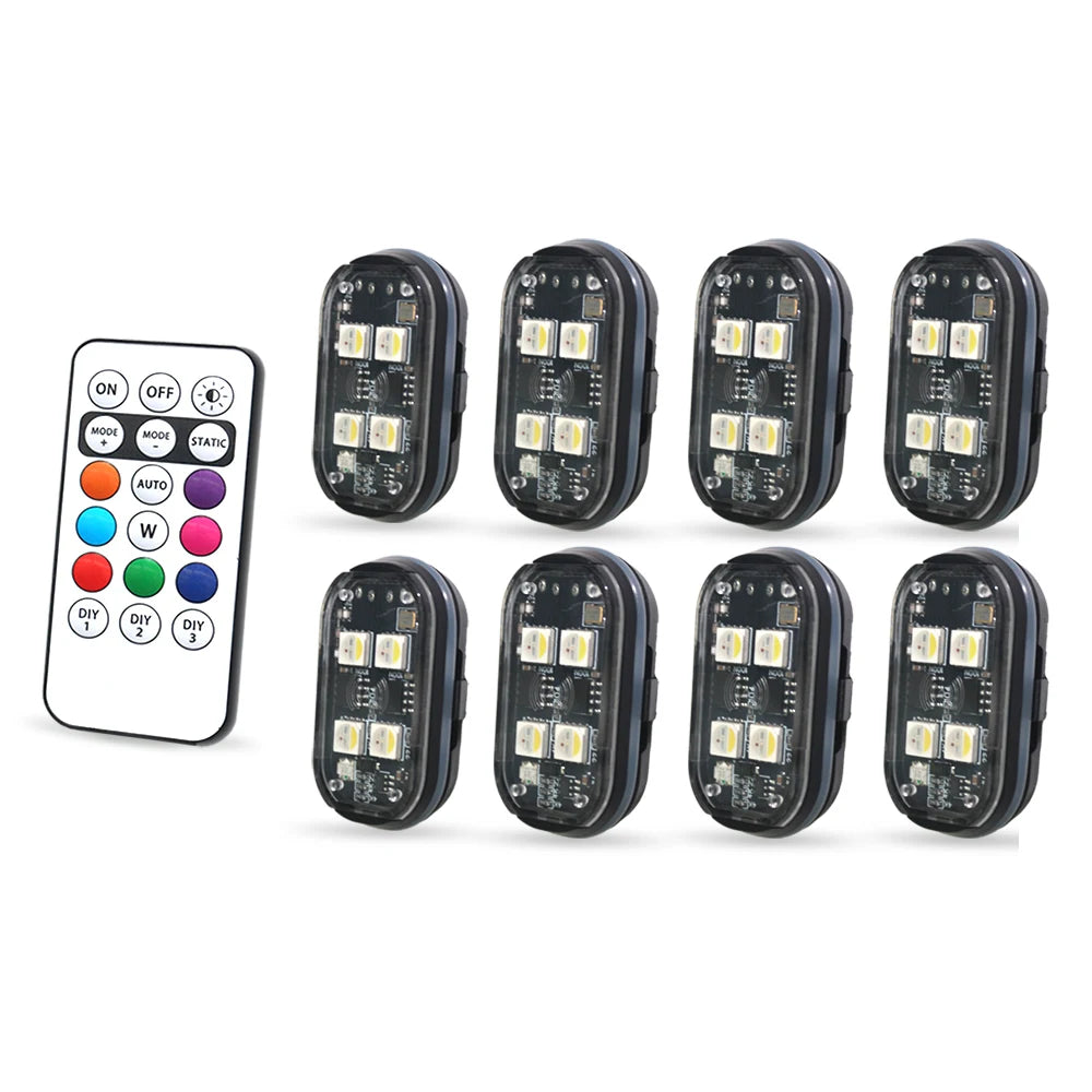 Lumières stroboscopiques LED sans fil, lumière d'ambiance de décoration de voiture, lumières Led rechargeables 8 couleurs, voyant d'avertissement Anti-Collision, 2/4 pièces