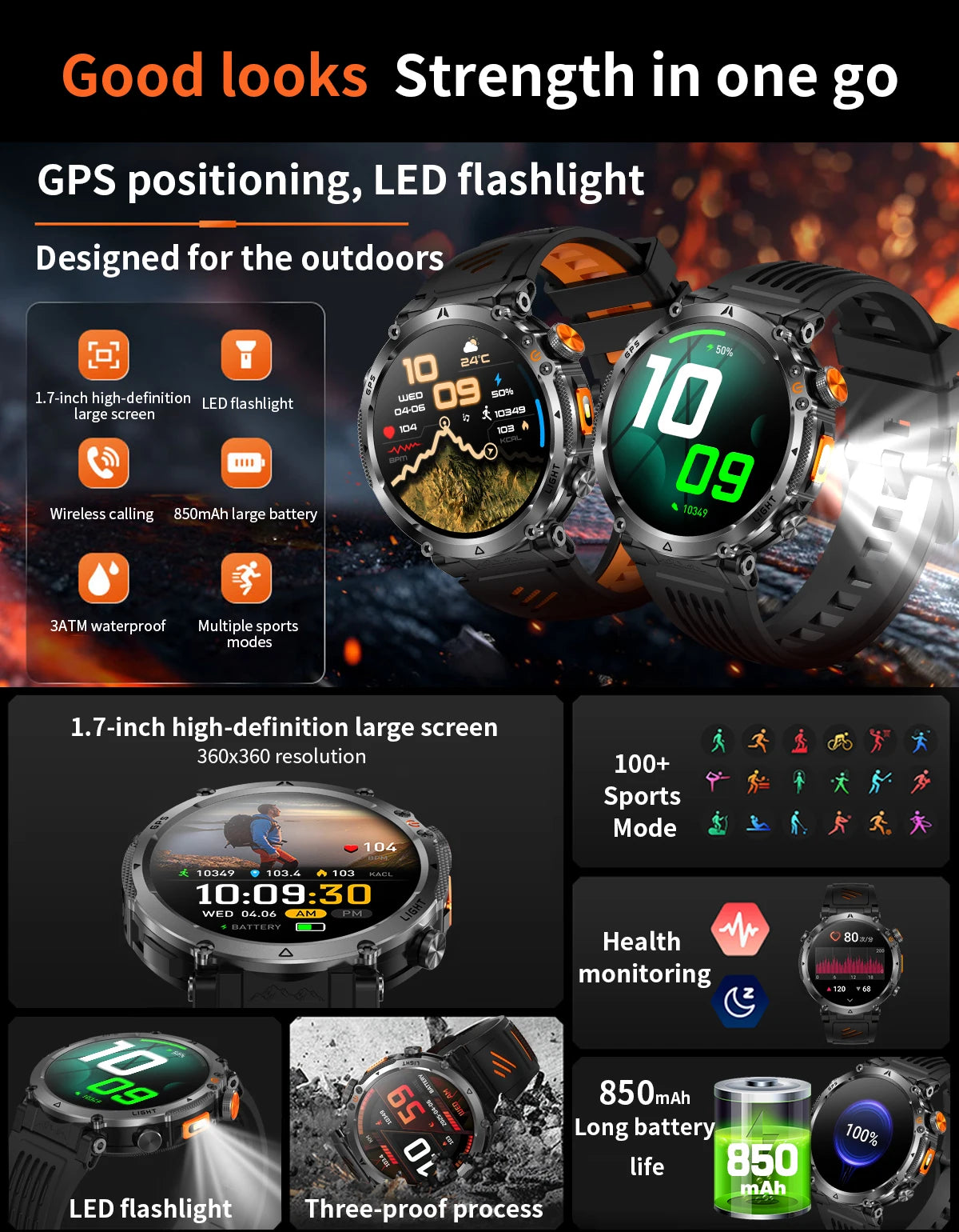 Montre Connectée Outdoor ChiBear – 1,7" AMOLED, 100+ Sports, Boussole, Torche LED, Appel BT