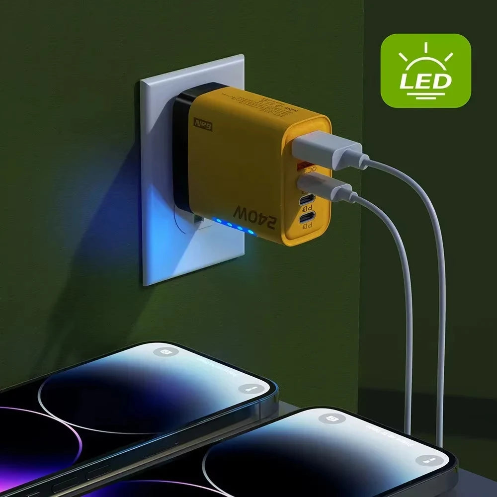 Chargeur rapide 240W GaN avec lumière LED, 2 USB + 3 Type-C, chargeur de téléphone multi-ports 5 en 1 pour iPhone , Samsung, Huawei, Xiaomi