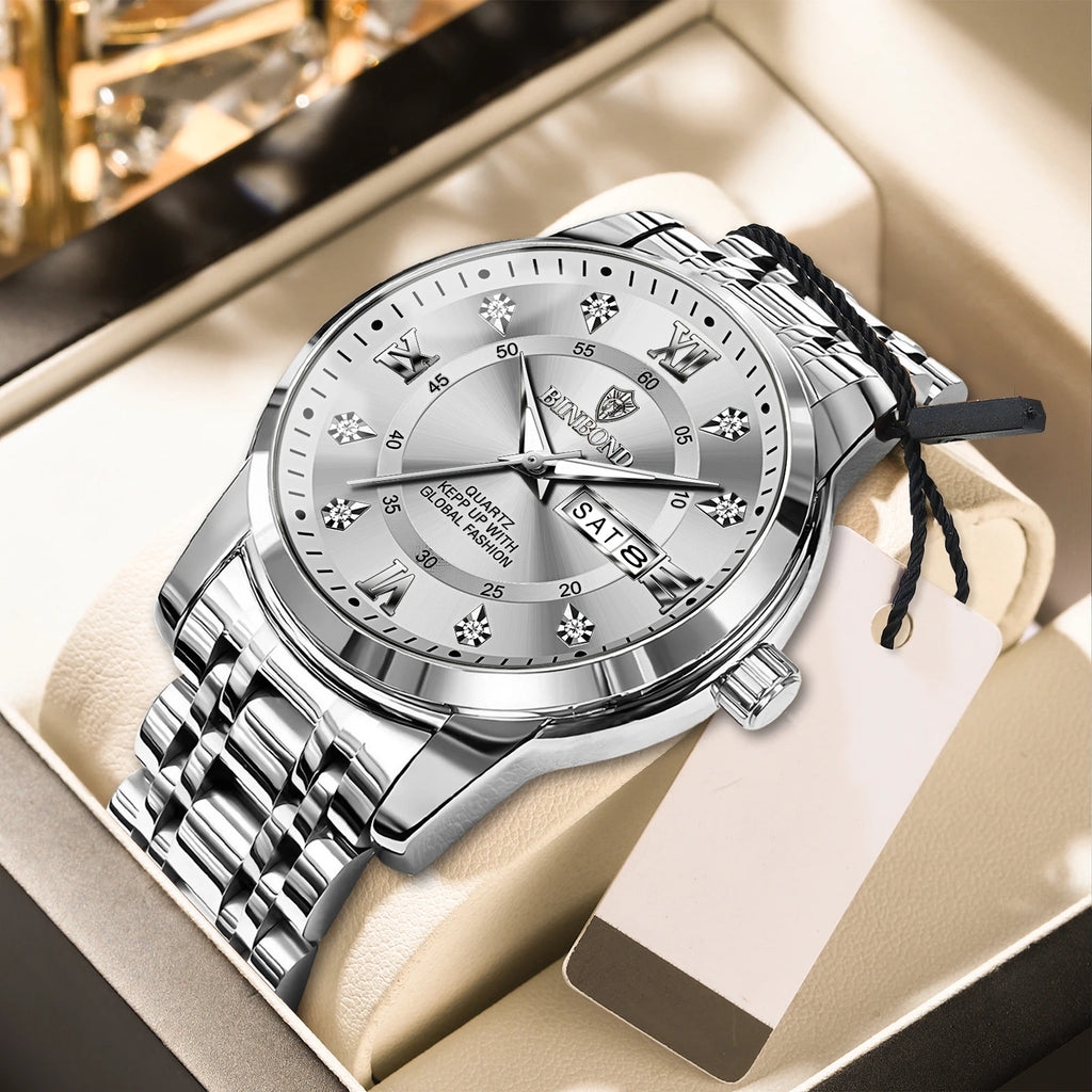 BINBOND Men's Quartz Watch - 3ATM Waterproof, Stainless Steel, Roman Numerals