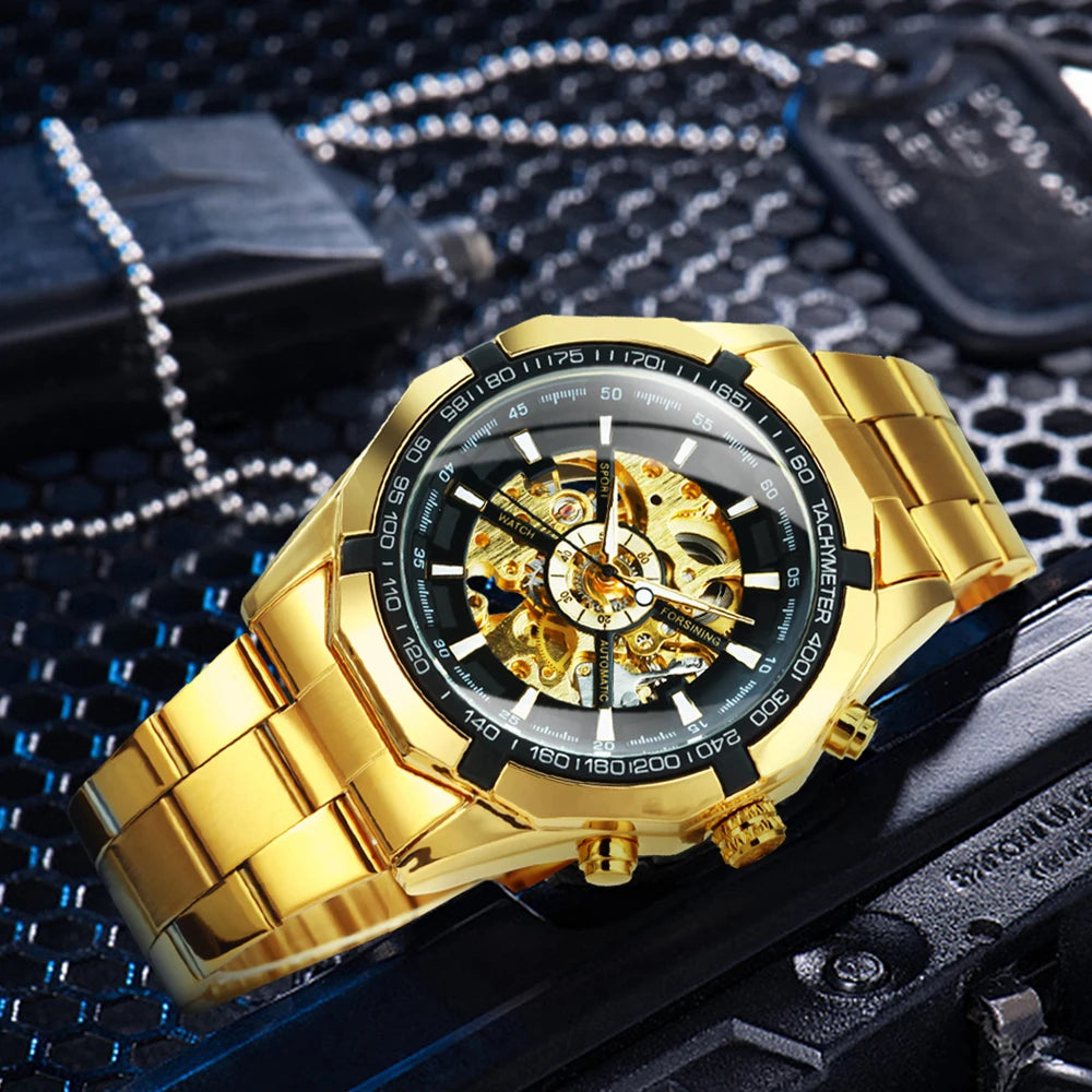 Montre Mécanique Squelette Homme WINNER – Aiguilles Lumineuses, Bracelet Acier