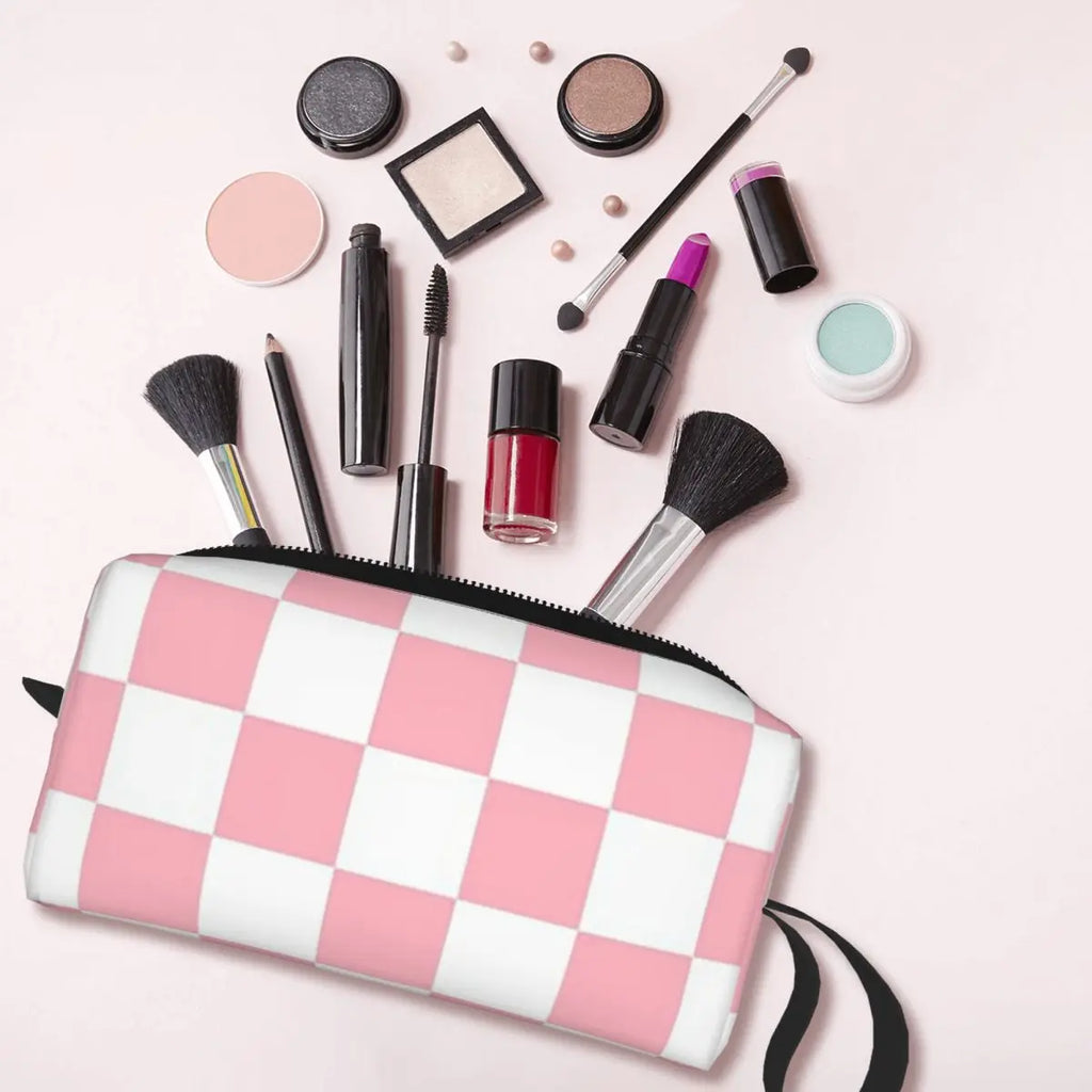 Trousse de maquillage à motif damier rose et blanc, organiseur de cosmétiques, trousse de toilette pour femmes, trousse de beauté de voyage, trousse à crayons