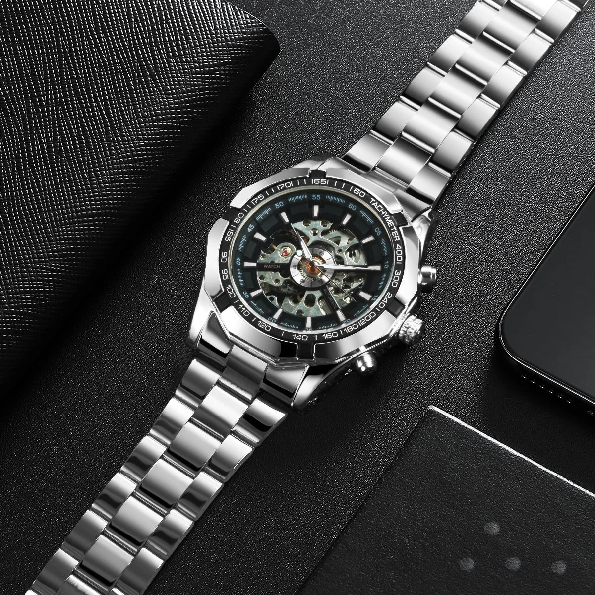 Montre Mécanique Squelette Homme WINNER – Aiguilles Lumineuses, Bracelet Acier