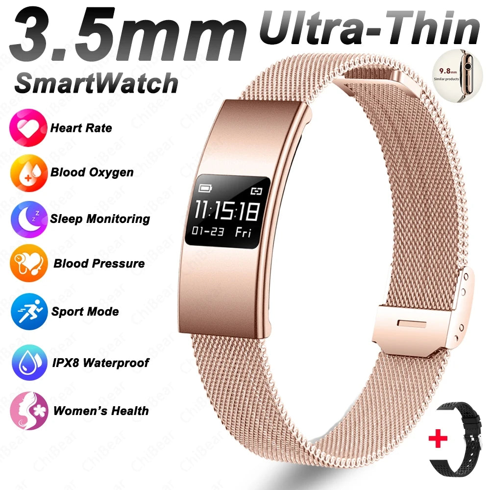 Nouveau Bracelet Connecté Ultra-Mince 3,5 mm 2026 avec Suivi de Fréquence Cardiaque et d'Oxygène Sanguin, Design Courbé, Alerte d'Appels, Bracelet Intelligent Élégant pour Femme