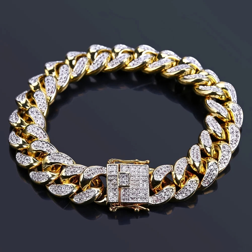Bracelet de luxe en chaîne à maillons cubains glacés pour hommes, bijoux Hip-Hop en cristal pavé, en acier inoxydable, scintillant, cadeau
