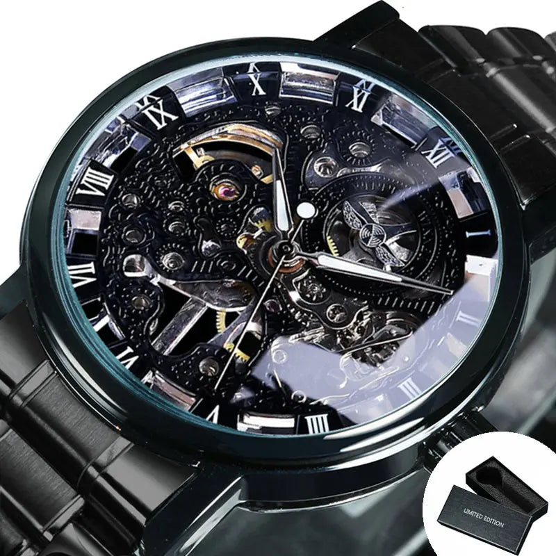 Montre Mécanique Squelette Noir Homme WINNER – Aiguilles Lumineuses, Bracelet Acier
