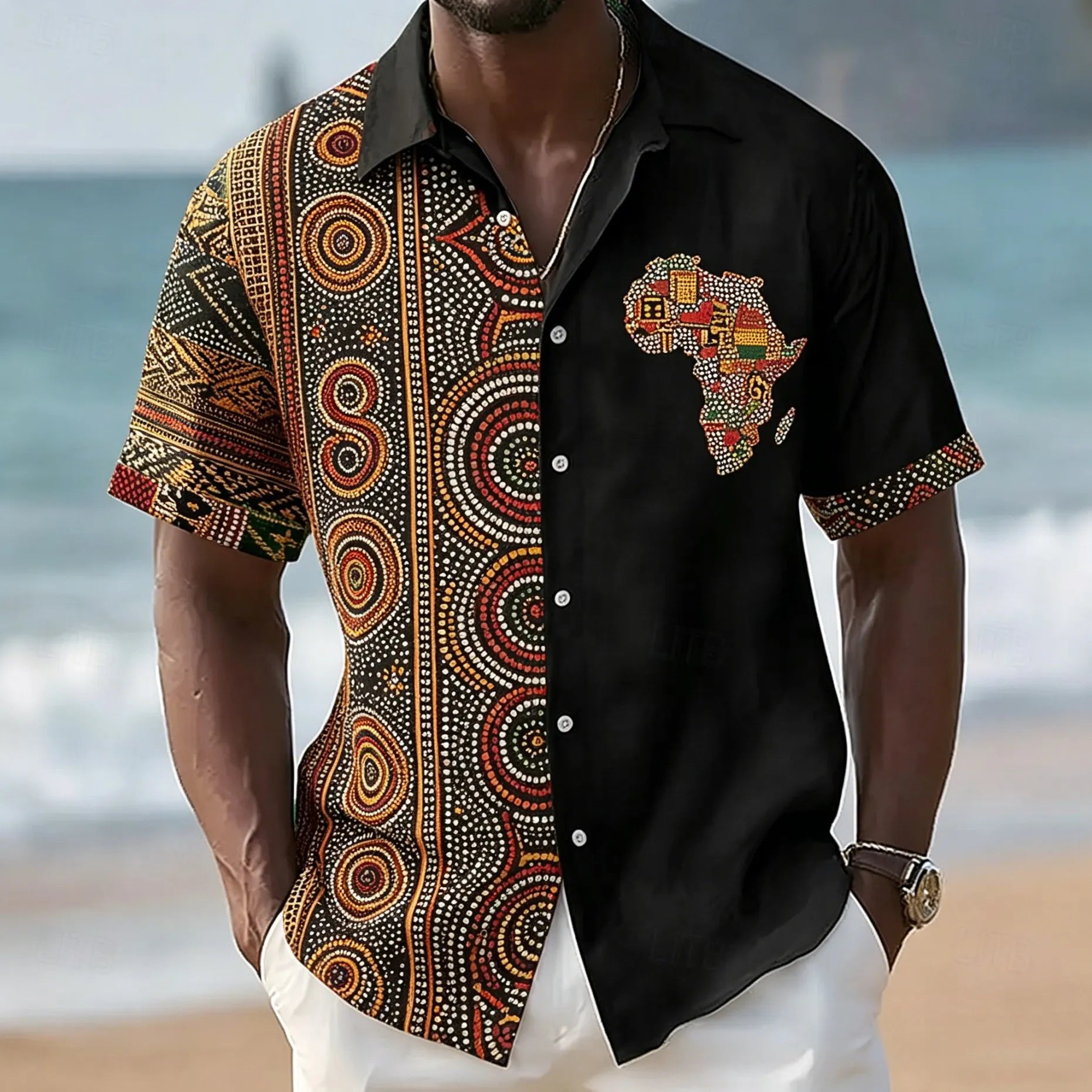 Chemise à manches courtes carte africaine, motif géométrique ethnique.Plusieurs coloris disponiible