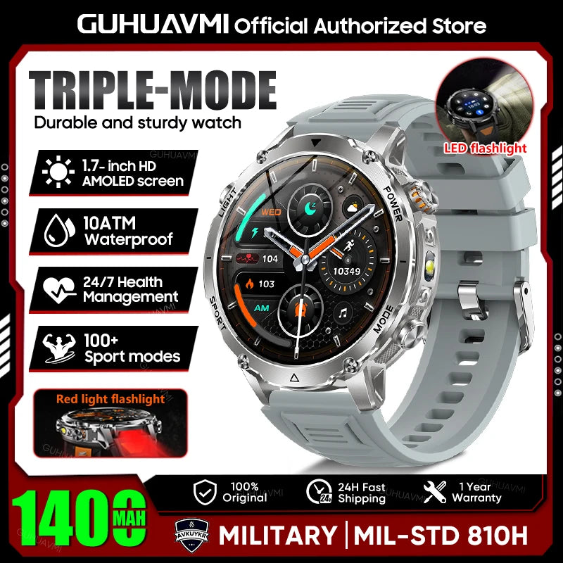 Smartwatch Militaire GUHUAVMI 2026 – Écran AMOLED 1,7", Batterie 1400mAh, GPS, Appel Bluetooth