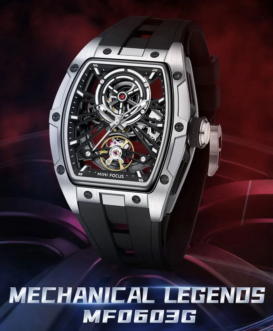 Montre Homme MINIFOCUS — Mécanique Automatique Squelette, Silicone & Waterproof 5ATM