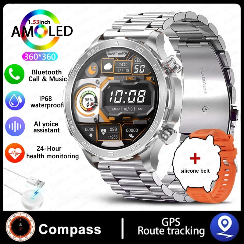 Montre intelligente étanche avec boussole pour homme, surveillance de la santé, traqueur de sport GPS, appel Bluetooth HD, assistant vocal, nouveau, 2024