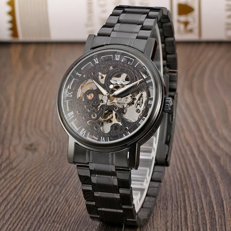 Montre Mécanique Squelette Noir Homme WINNER – Aiguilles Lumineuses, Bracelet Acier