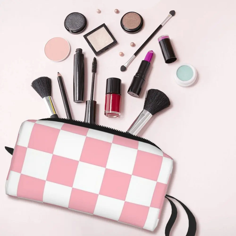 Trousse de maquillage à motif damier rose et blanc, organiseur de cosmétiques, trousse de toilette pour femmes, trousse de beauté de voyage, trousse à crayons