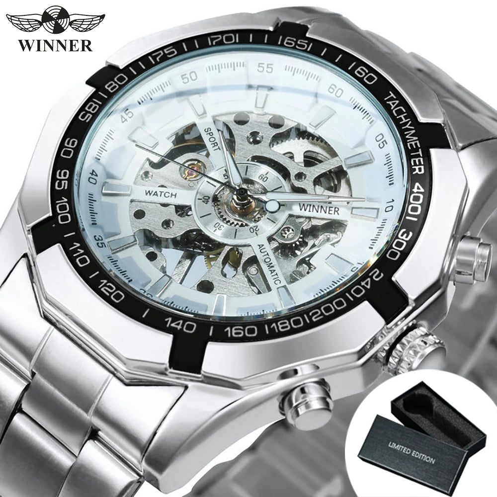Montre Mécanique Squelette Homme WINNER – Aiguilles Lumineuses, Bracelet Acier