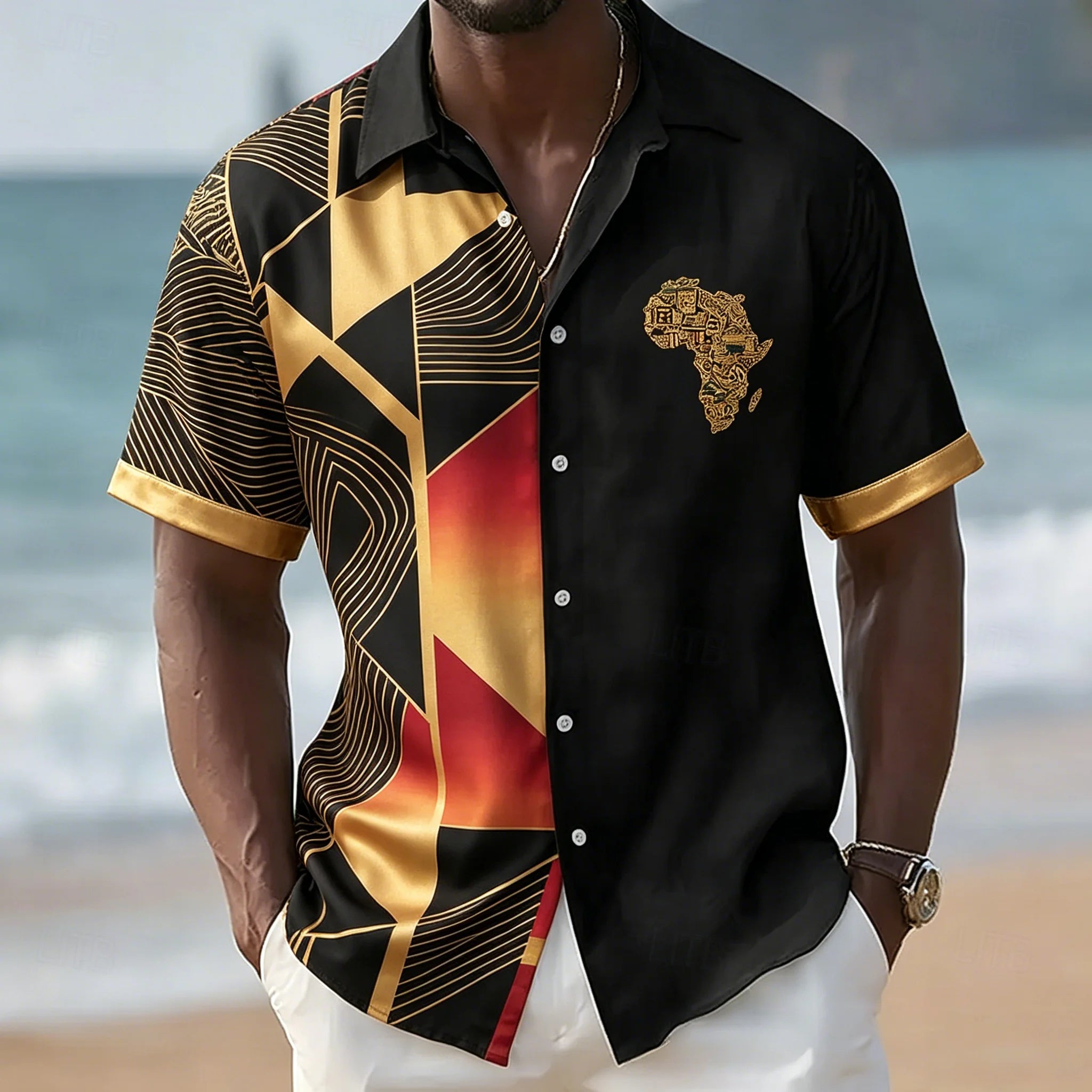 Chemise à manches courtes carte africaine, motif géométrique ethnique.Plusieurs coloris disponiible