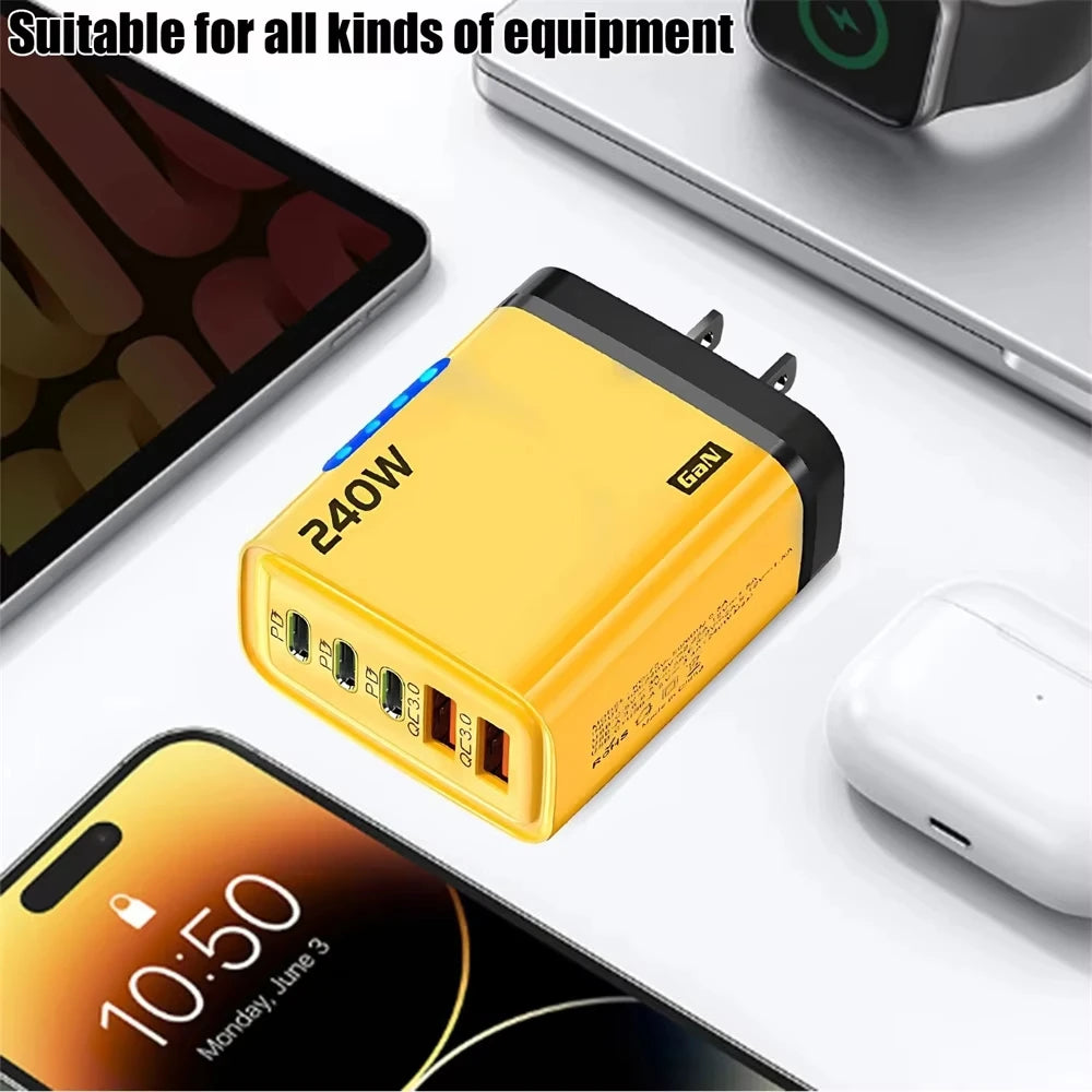 Chargeur rapide 240W GaN avec lumière LED, 2 USB + 3 Type-C, chargeur de téléphone multi-ports 5 en 1 pour iPhone 15-17 Series, Samsung, Huawei, Xiaomi 15