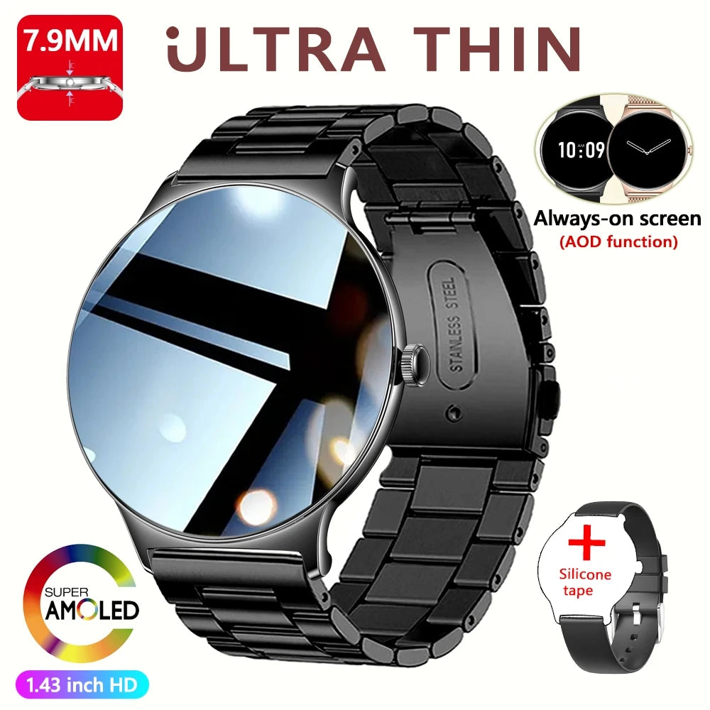 Montre Connectée Femme Jooeniok V89 Ultra-Mince 7,9 mm – 1,43" AMOLED, Appel BT, 100+ Sports