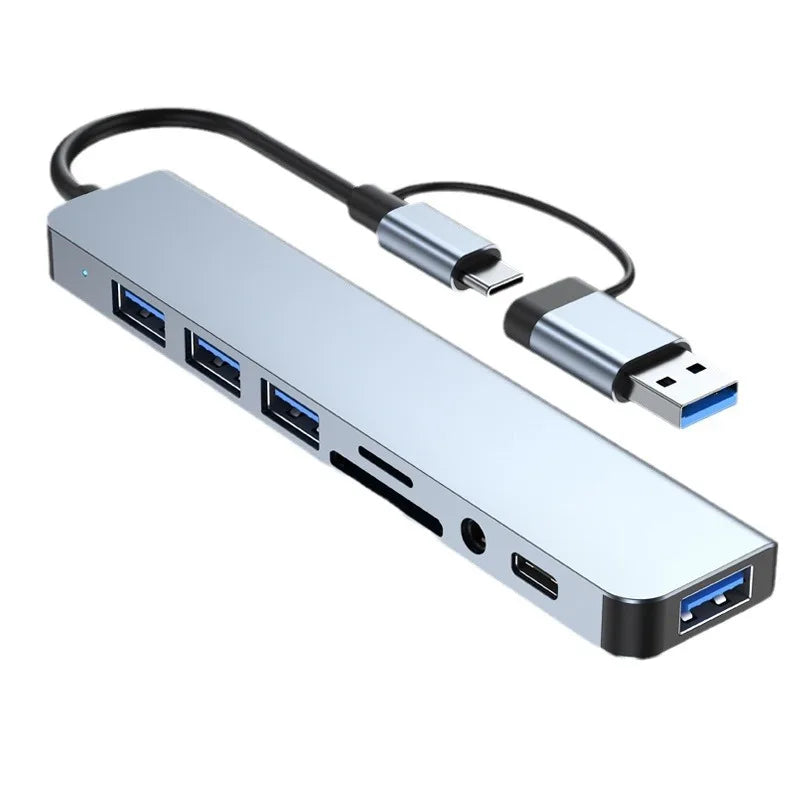 Station d'accueil HUB USB + Type C 8 en 2 avec adaptateur jack audio 3,5 mm pour lecteur de carte Micro SD, ordinateur portable, tablette, téléphone, convertisseur de disque