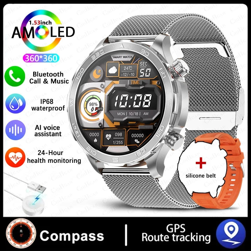 Montre intelligente étanche avec boussole pour homme, surveillance de la santé, traqueur de sport GPS, appel Bluetooth HD, assistant vocal, nouveau, 2024