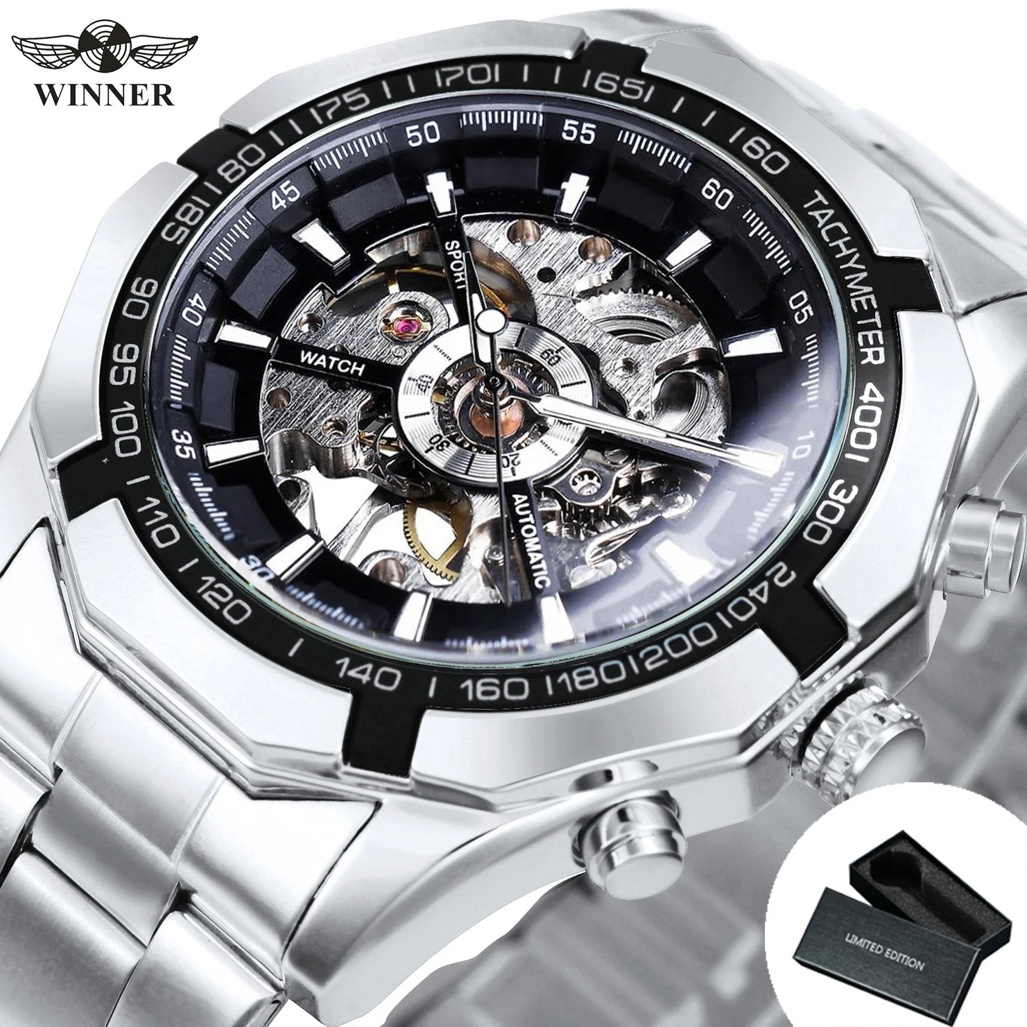 Montre Mécanique Squelette Homme WINNER – Aiguilles Lumineuses, Bracelet Acier