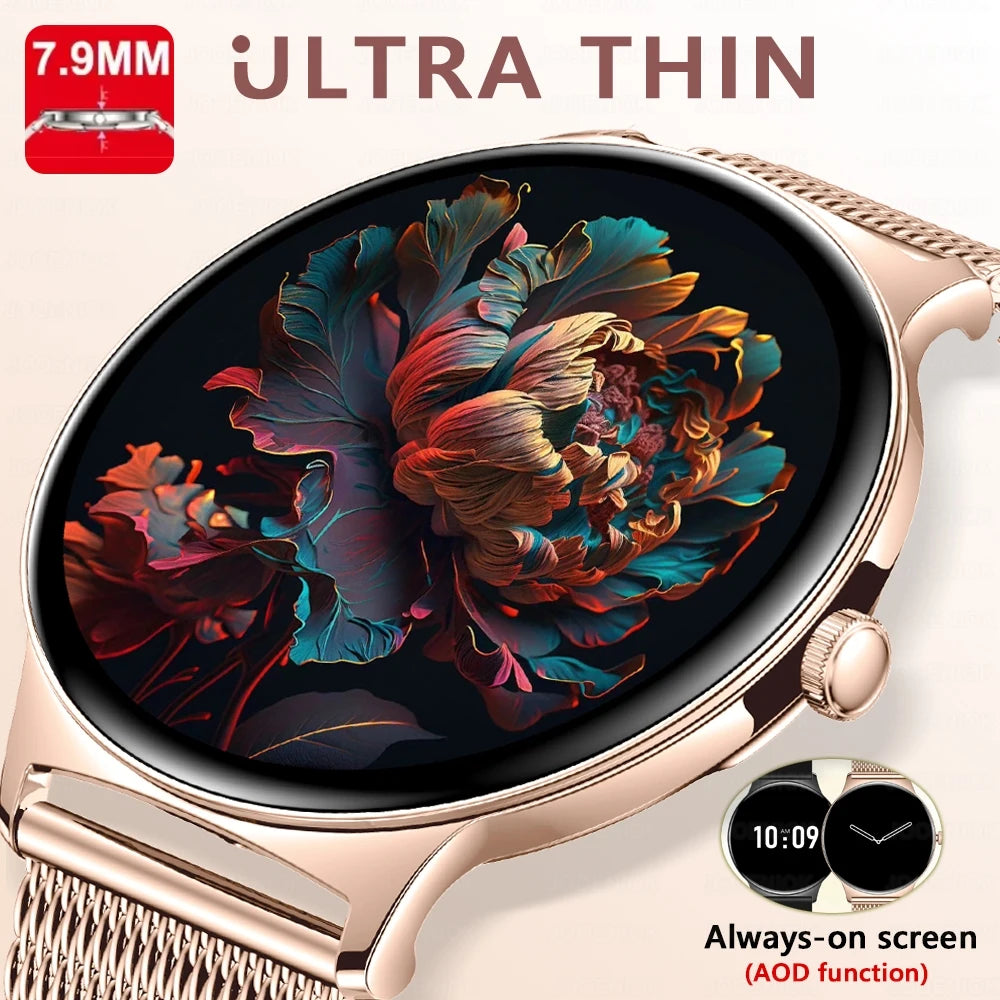 Montre Connectée Femme Jooeniok V89 Ultra-Mince 7,9 mm – 1,43" AMOLED, Appel BT, 100+ Sports