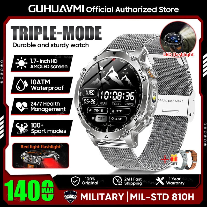 Smartwatch Militaire GUHUAVMI 2026 – Écran AMOLED 1,7", Batterie 1400mAh, GPS, Appel Bluetooth