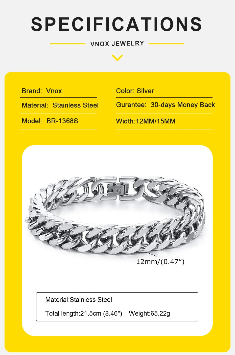 Vnox-Bracelets cubains en acier inoxydable pour hommes, 10/12/15mm de largeur, bijoux hip hop pour garçons