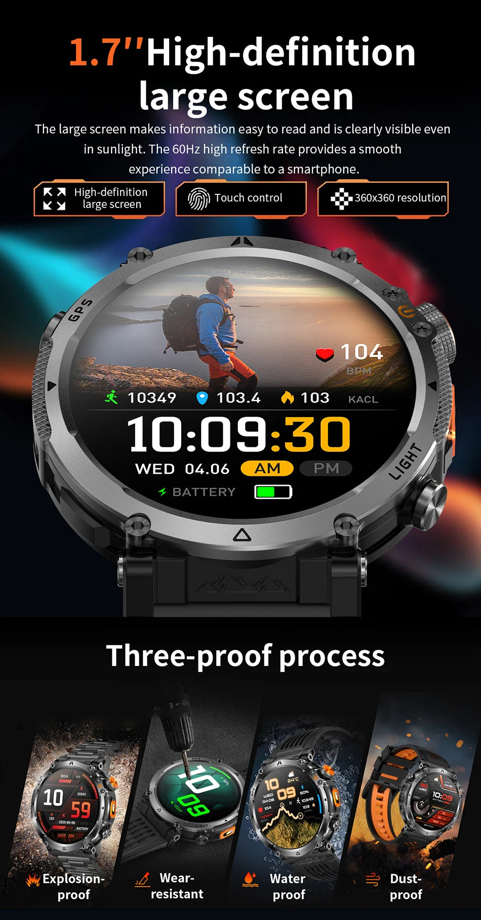 Montre Connectée Outdoor ChiBear – 1,7" AMOLED, 100+ Sports, Boussole, Torche LED, Appel BT