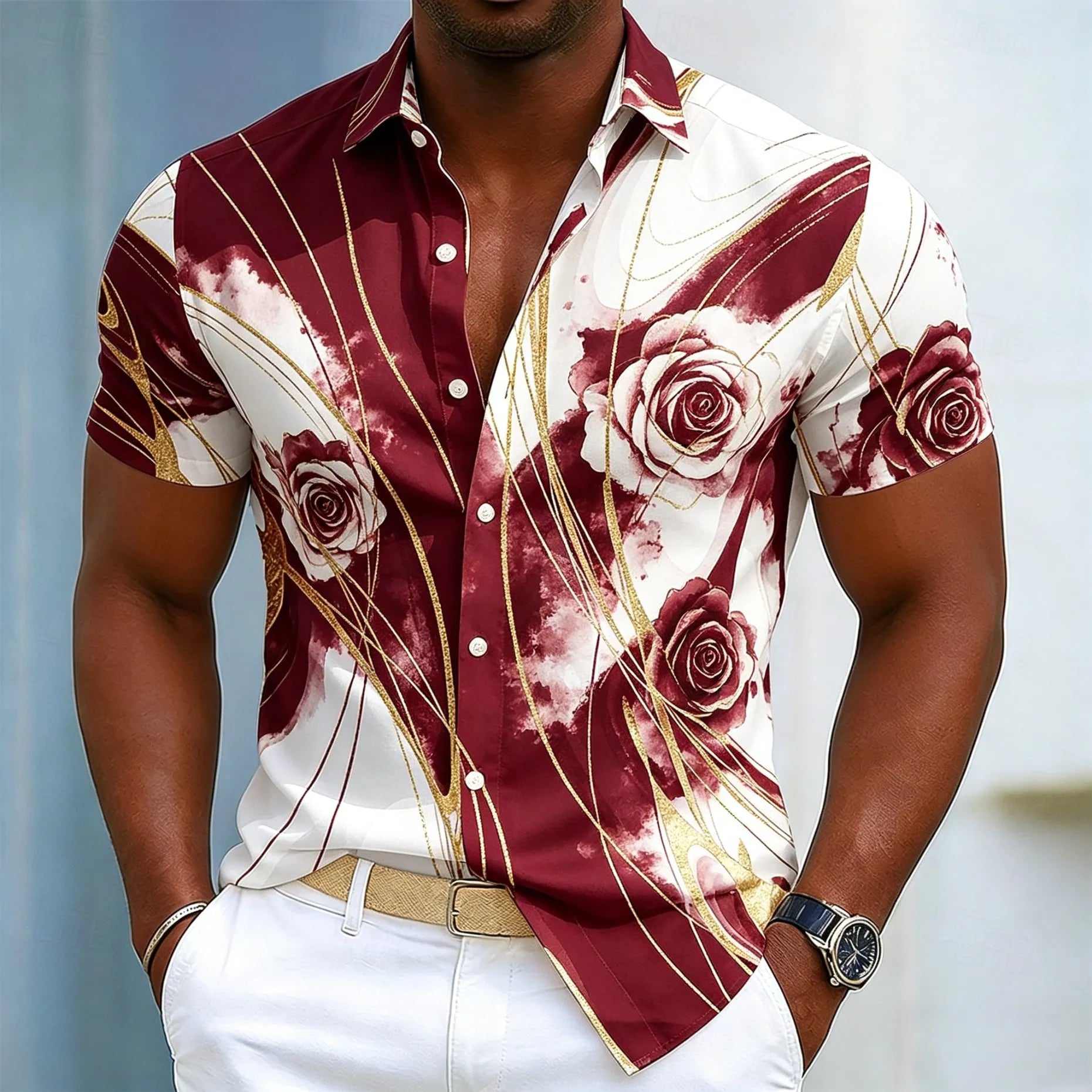 Chemise à manches courtes pour homme, imprimé abstrait marbré et feuille d'or, motif graphique fluide de luxe. Plusieurs coloris disponible