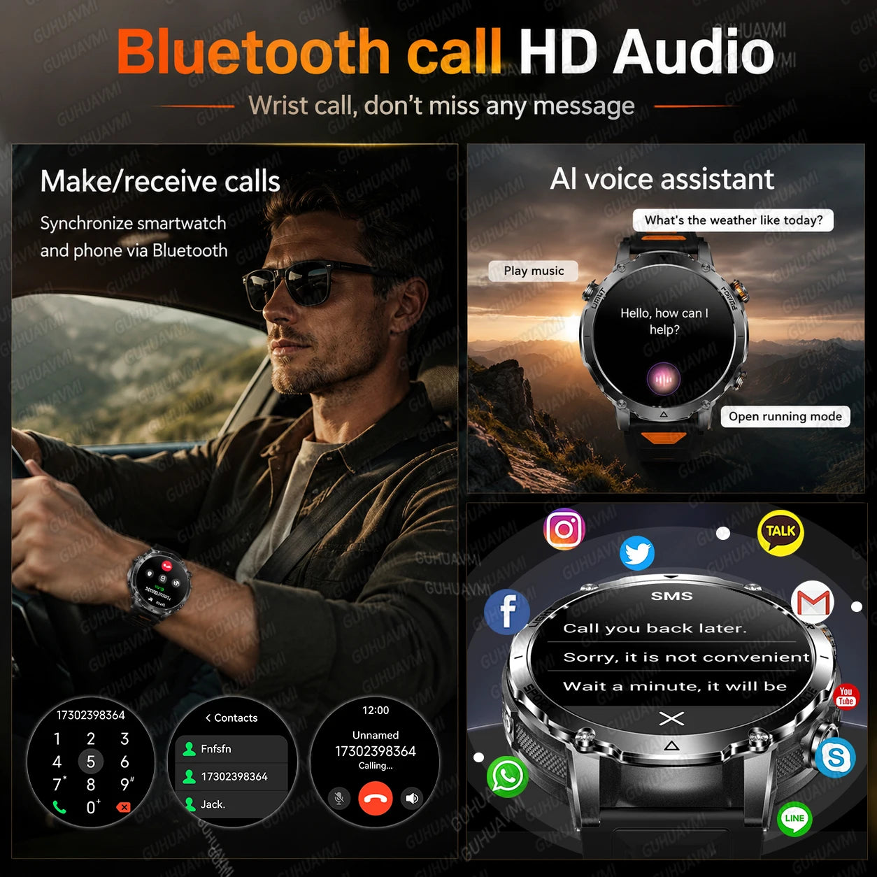 Smartwatch Militaire GUHUAVMI 2026 – Écran AMOLED 1,7", Batterie 1400mAh, GPS, Appel Bluetooth
