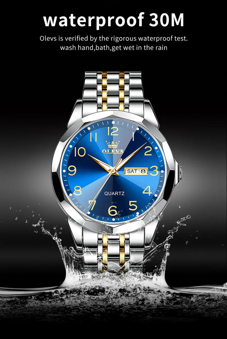 OLEVS montre de luxe montre pour hommes étanche argent acier inoxydable classique montre-bracelet à Quartz décontractée .