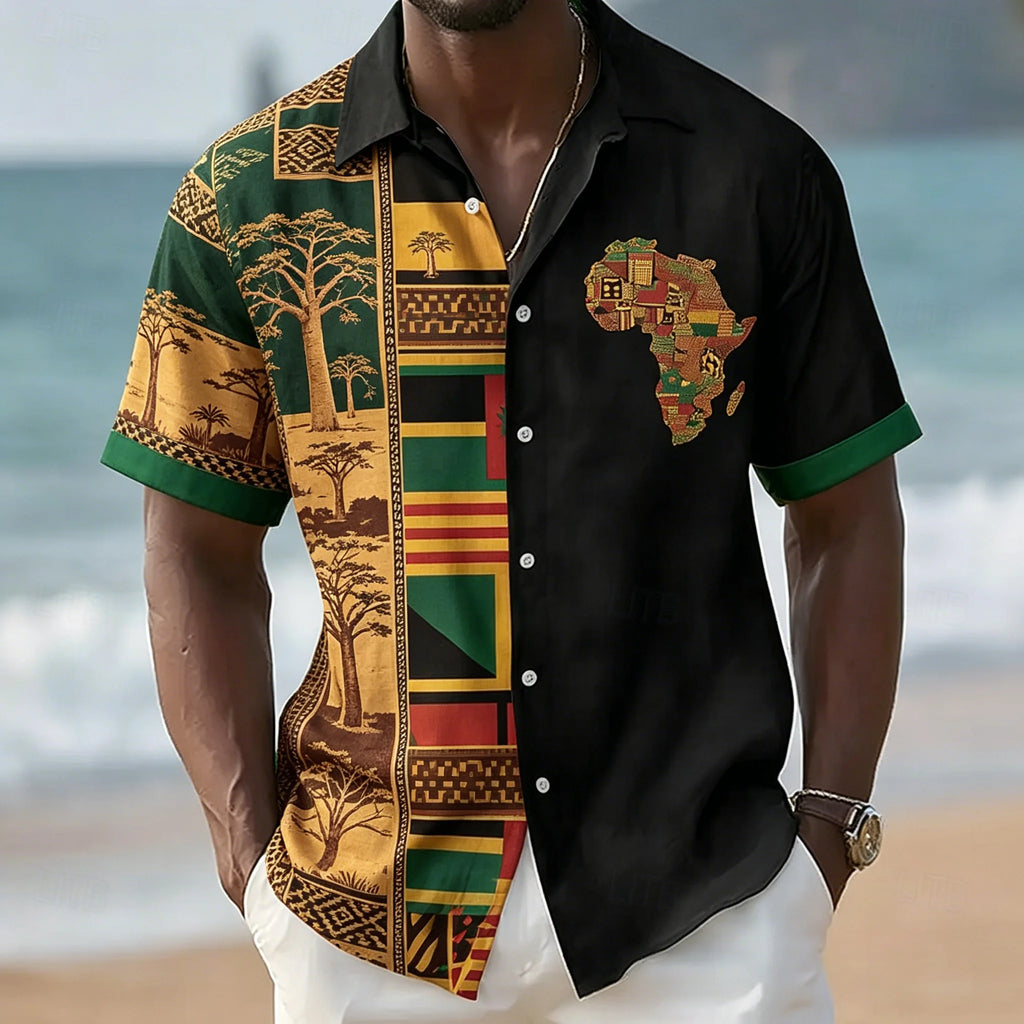 Chemise à manches courtes pour homme, imprimé mosaïque de carte africaine, motif géométrique ethnique, décontractée, boutonnée, pour le printemps et l'été