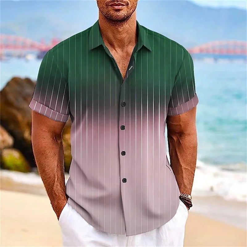 Chemise hawaïenne à motif rayé dégradé pour hommes, épissure de couleur, chemises Aloha imprimées en 3D, chemisiers à revers décontractés, manches courtes amples