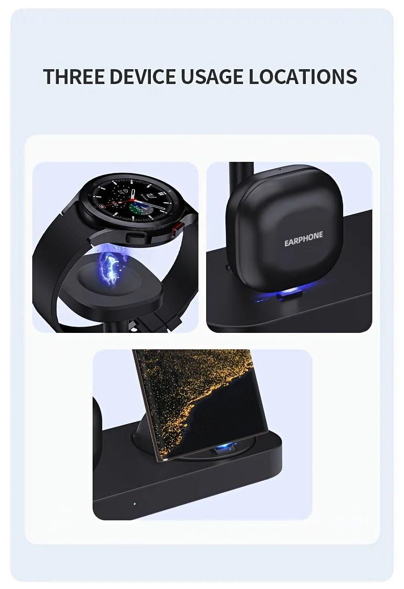 Station de Charge Sans Fil 3-en-1 VIKEFON – Samsung Galaxy, Montre & Écouteurs, 15W