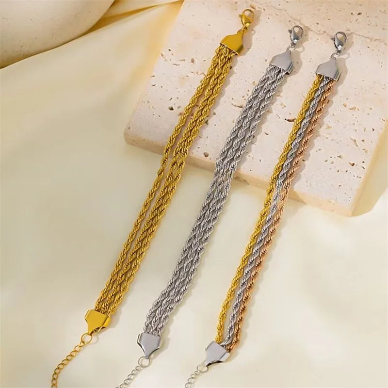 GANEMLY – Bracelet en acier inoxydable pour femmes, chaînes torsadées superposées en 3 couleurs, chaîne de poignet étanche, bijoux étanches