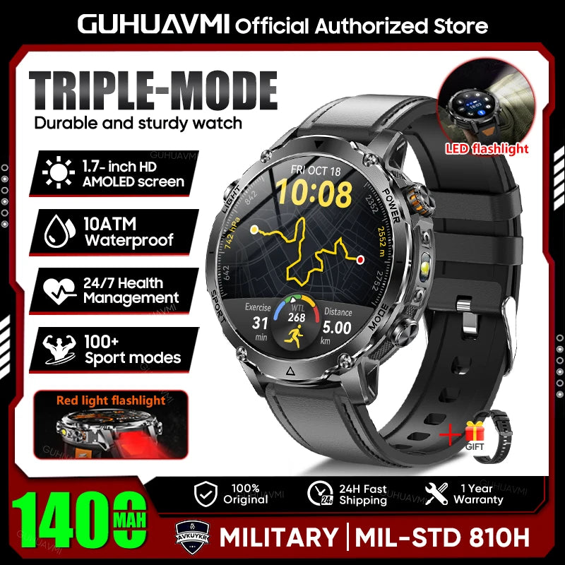 Smartwatch Militaire GUHUAVMI 2026 – Écran AMOLED 1,7", Batterie 1400mAh, GPS, Appel Bluetooth