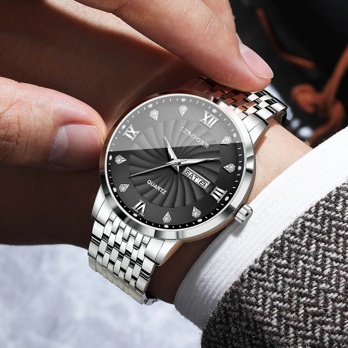 Montres de luxe en acier inoxydable pour hommes, montres-bracelets à Quartz avec cadran lumineux et calendrier, Relogio Masculino (sans boîte)