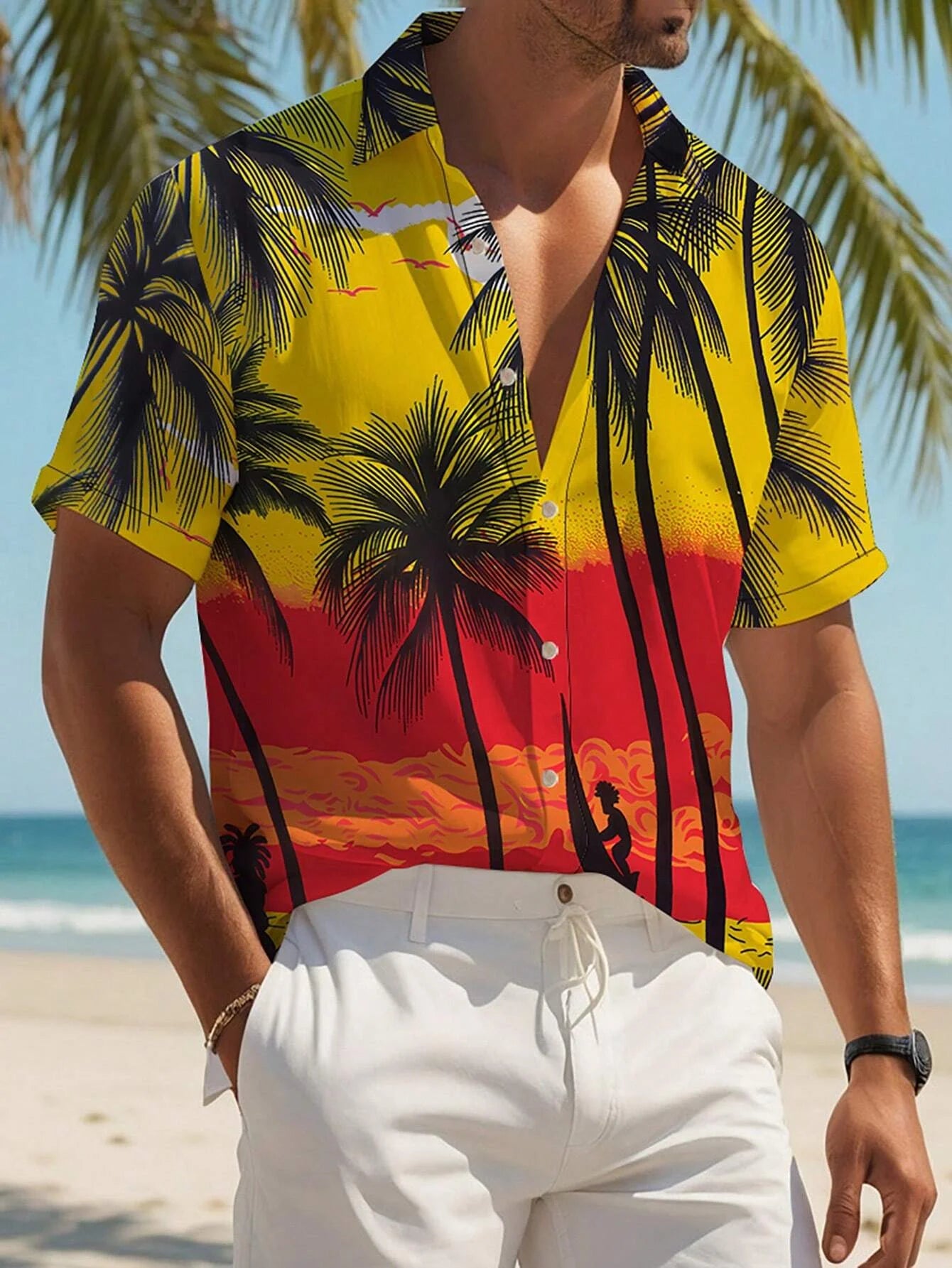 Chemise boutonnée à manches courtes pour hommes, imprimé plante. Plusieurs coloris