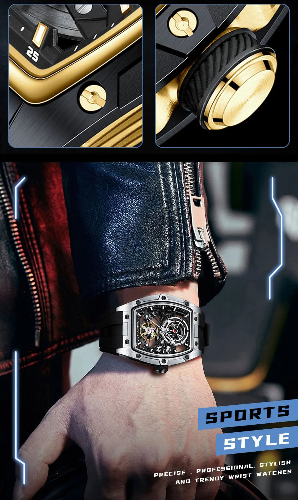 Montre Homme MINIFOCUS — Mécanique Automatique Squelette, Silicone & Waterproof 5ATM