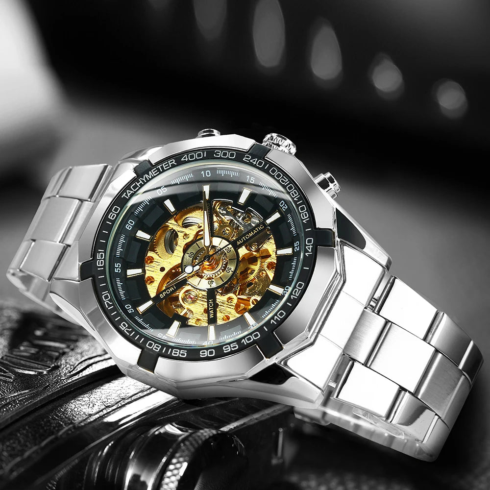 Montre Mécanique Squelette Homme WINNER – Aiguilles Lumineuses, Bracelet Acier