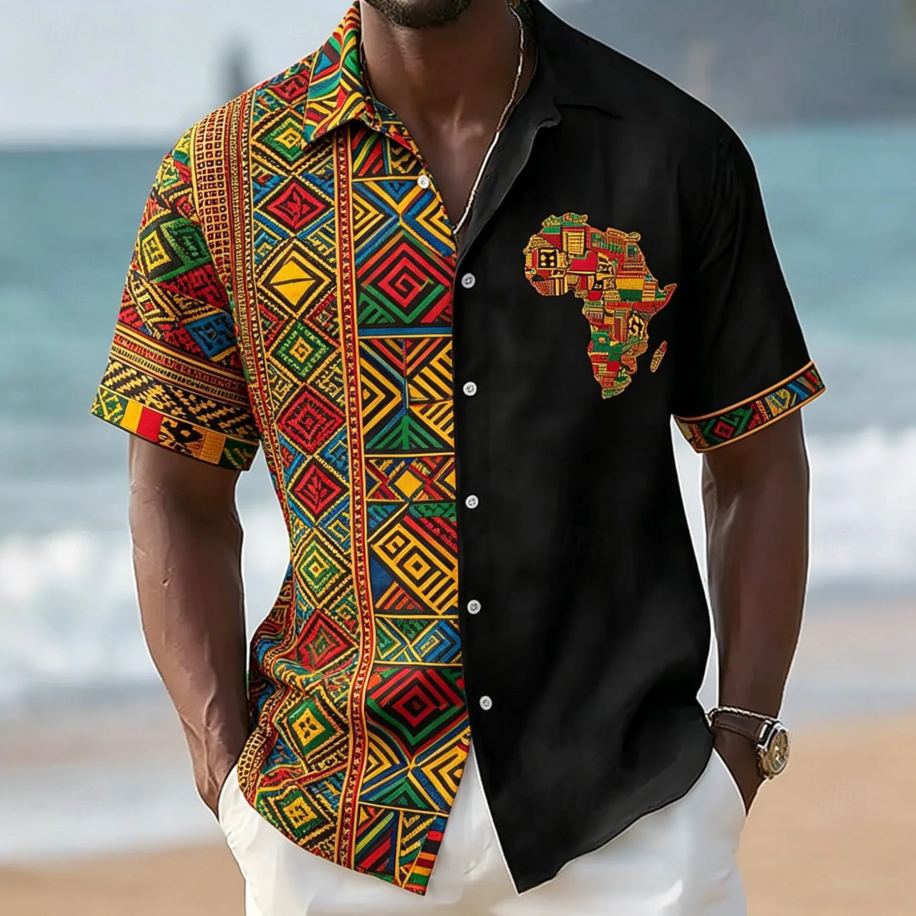 Chemise à manches courtes carte africaine, motif géométrique ethnique.Plusieurs coloris disponiible