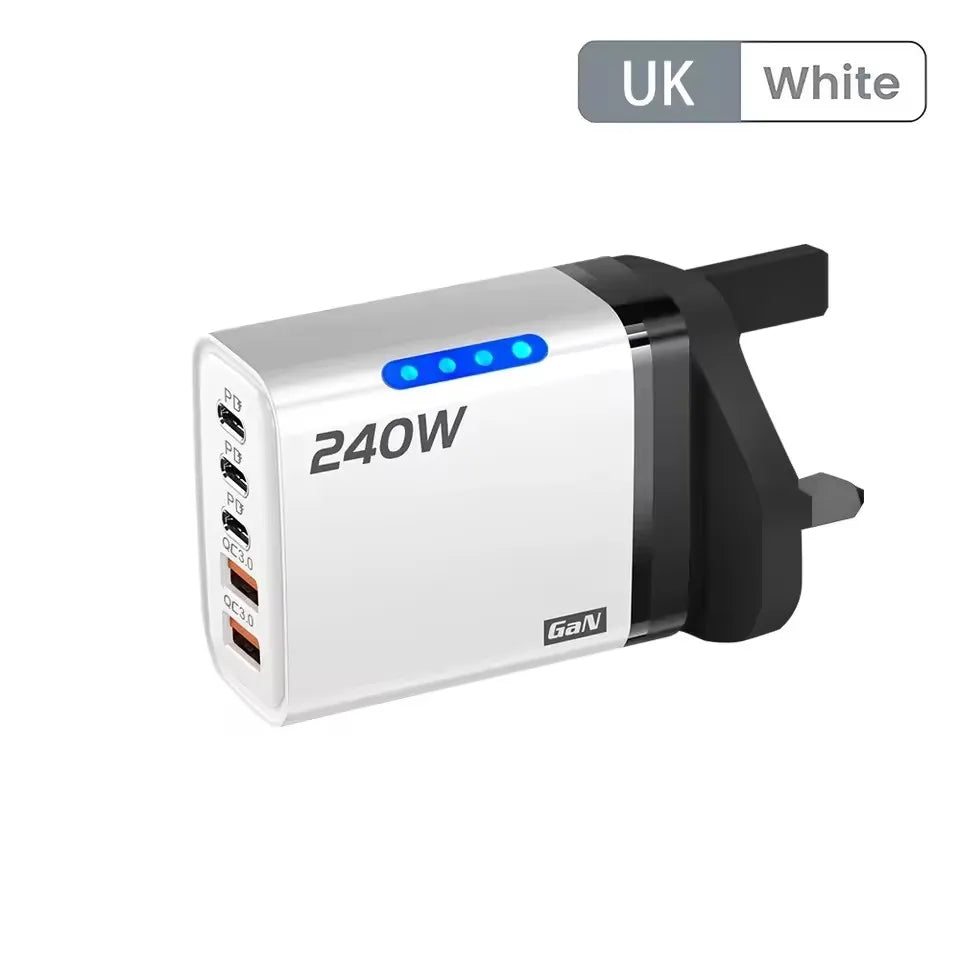 Chargeur rapide 240W GaN avec lumière LED, 2 USB + 3 Type-C, chargeur de téléphone multi-ports 5 en 1 pour iPhone , Samsung, Huawei, Xiaomi