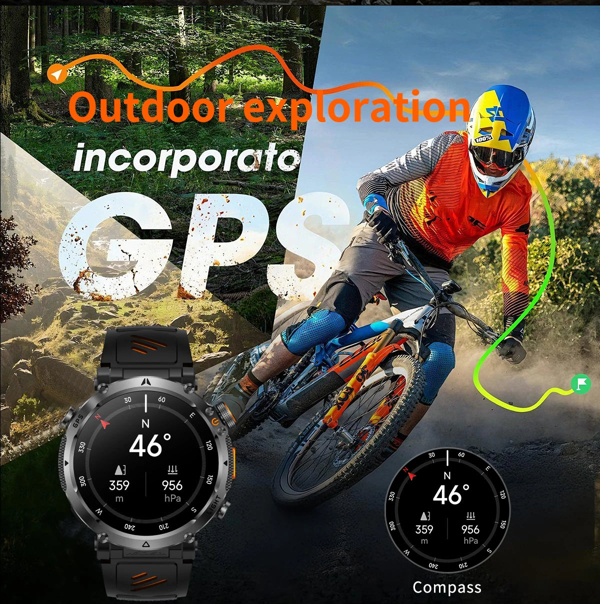 Montre Connectée Outdoor ChiBear – 1,7" AMOLED, 100+ Sports, Boussole, Torche LED, Appel BT
