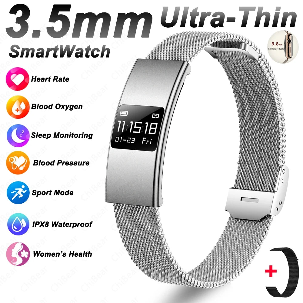 Nouveau Bracelet Connecté Ultra-Mince 3,5 mm 2026 avec Suivi de Fréquence Cardiaque et d'Oxygène Sanguin, Design Courbé, Alerte d'Appels, Bracelet Intelligent Élégant pour Femme