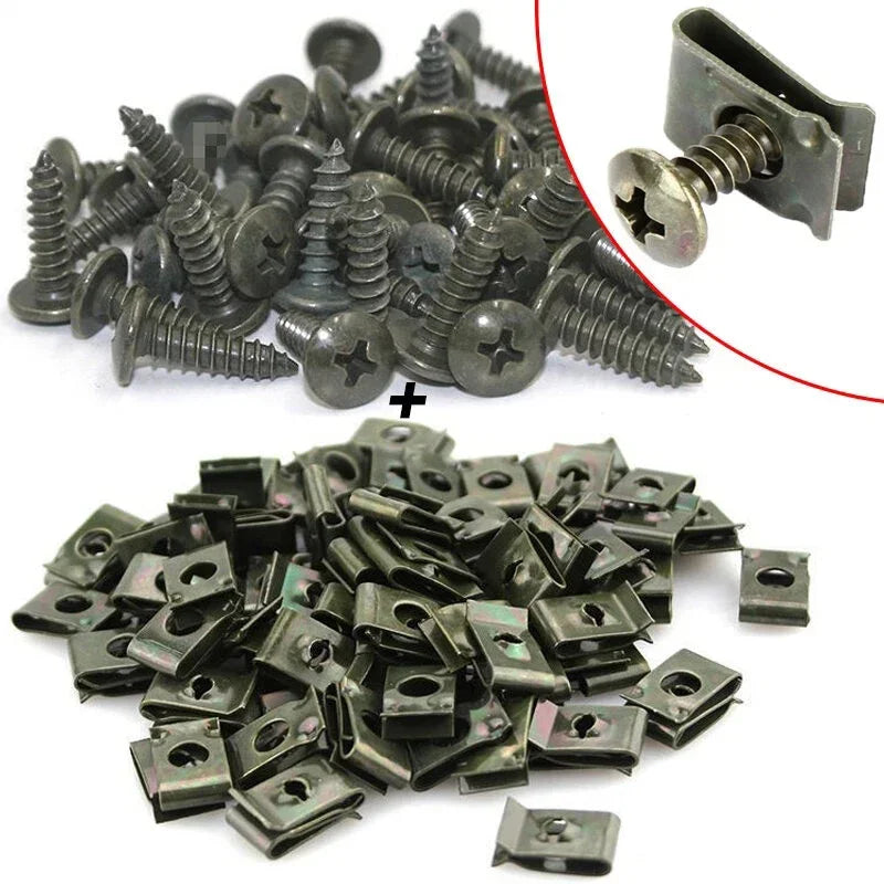 Jeu de Clips à vis métalliques pour voiture, 10/200 pièces, Clip de fixation de Type U avec vis antirouille, boucle de Protection de pare-chocs de garde-boue, vis en feuille de fer