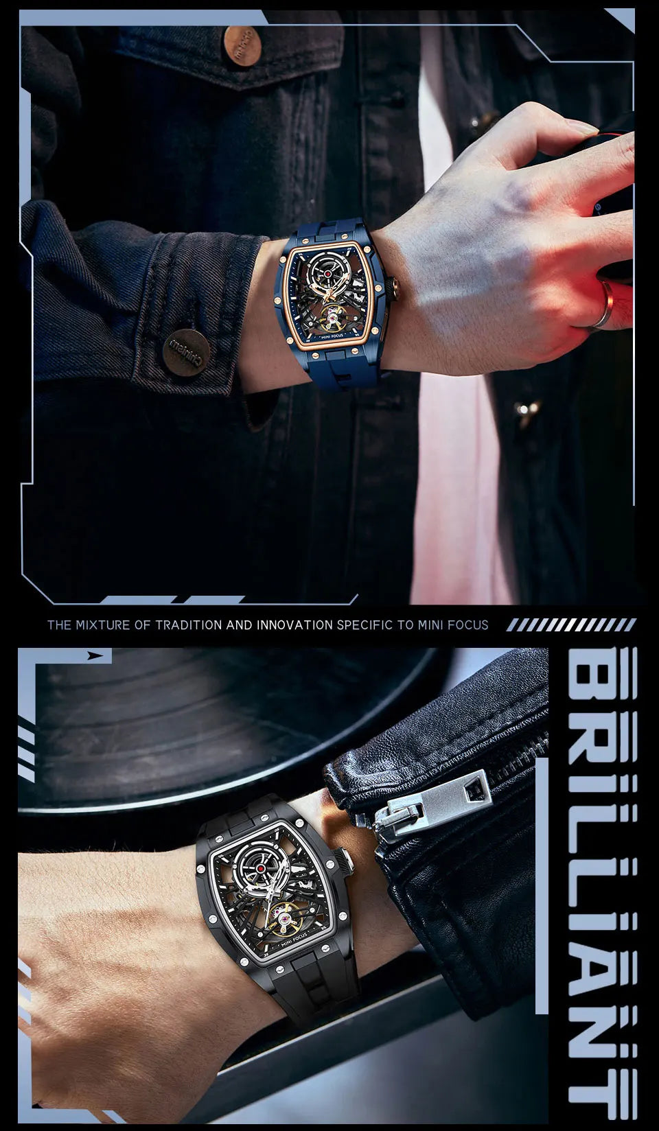 Montre Homme MINIFOCUS — Mécanique Automatique Squelette, Silicone & Waterproof 5ATM