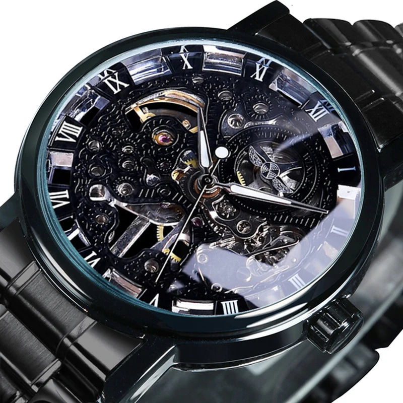 Montre Mécanique Squelette Noir Homme WINNER – Aiguilles Lumineuses, Bracelet Acier