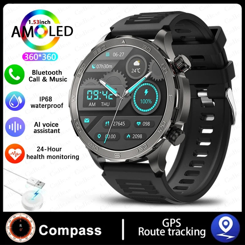 Montre intelligente étanche avec boussole pour homme, surveillance de la santé, traqueur de sport GPS, appel Bluetooth HD, assistant vocal, nouveau, 2024