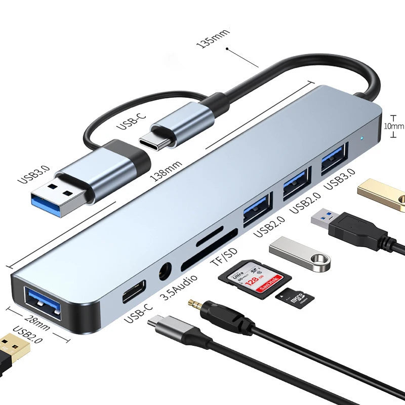 Station d'accueil HUB USB + Type C 8 en 2 avec adaptateur jack audio 3,5 mm pour lecteur de carte Micro SD, ordinateur portable, tablette, téléphone, convertisseur de disque