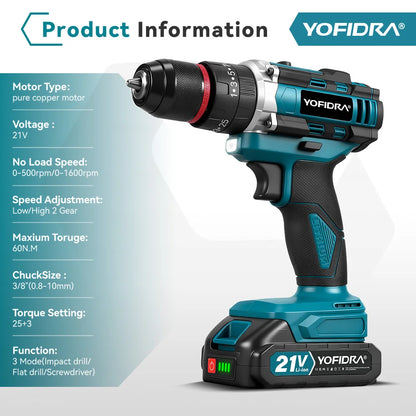 Perceuse à Percussion Sans Fil 3-en-1 – 21V, Couple 25+3, Moteur Cuivre Pur